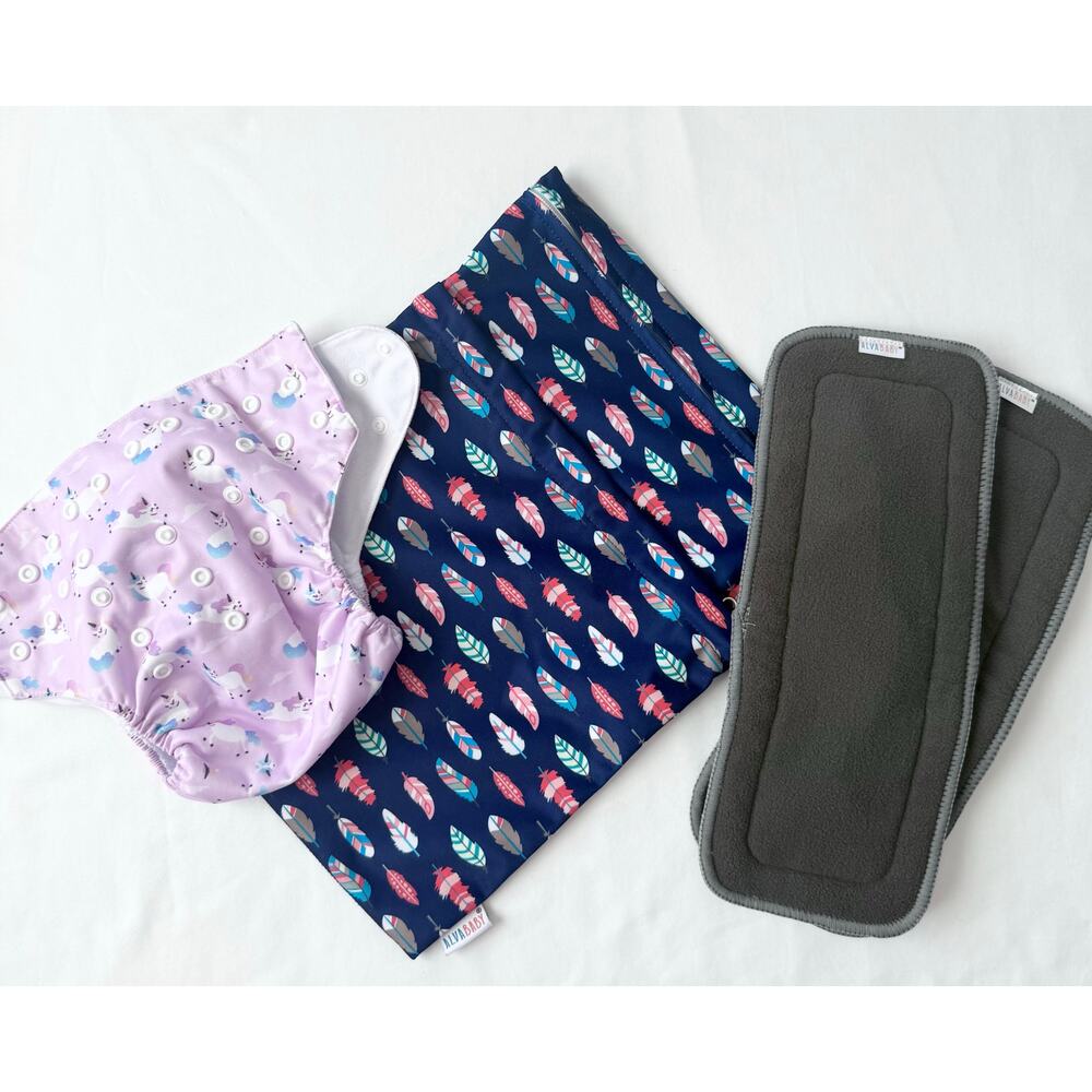 AlvaBaby Cloth Diaper Bundle Unicorn Print Pocket Diaper Wet Bag & Inserts